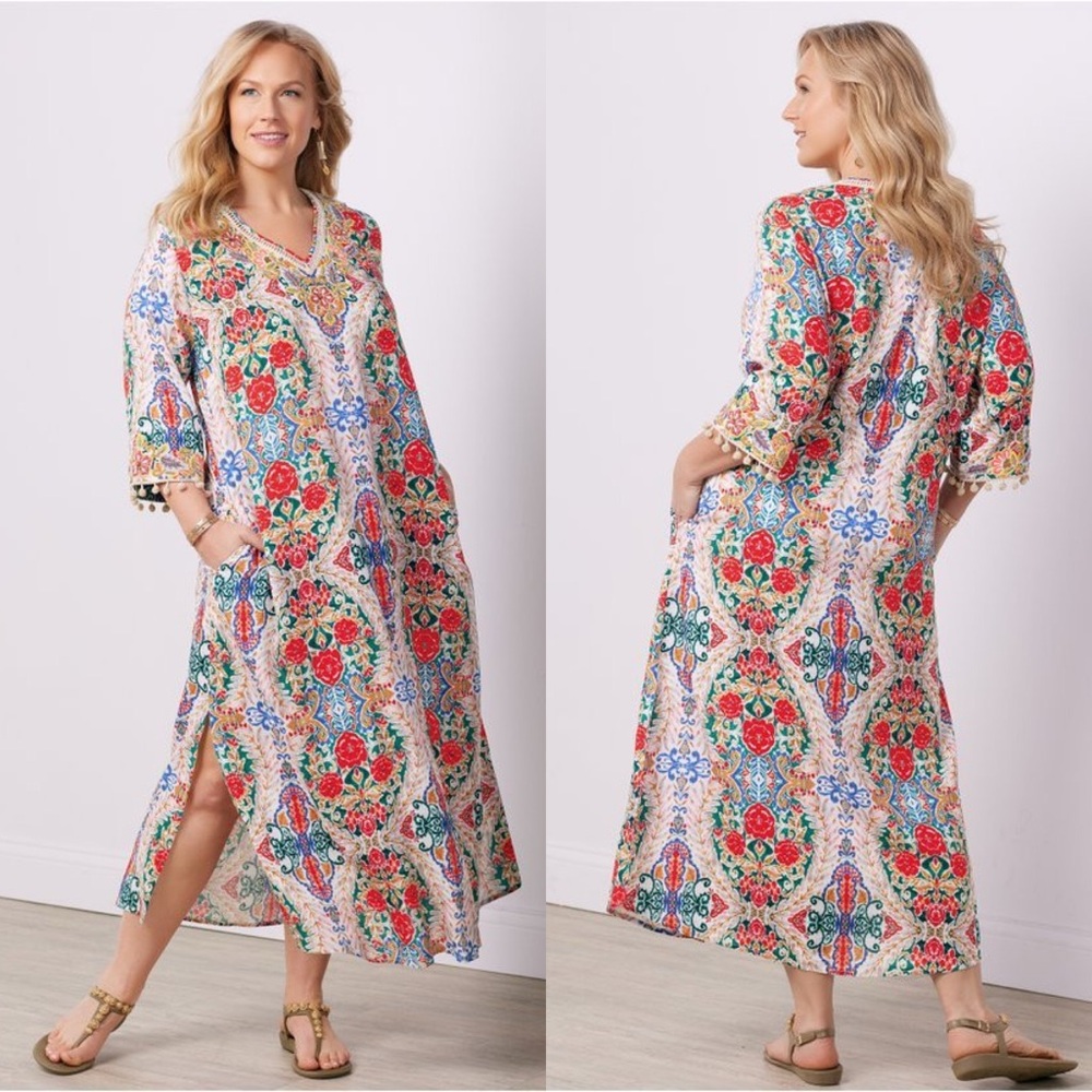 Soft Surroundings Ipanema Embroidered Tassel Trim Petite Kaftan Boho Maxi Dress